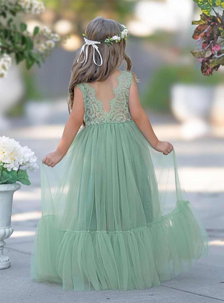 Flower Girl Dress Lace/Tulle Boho Toddler Dresses Ruffle Girl Dress for Wedding Garden Party Communion Beach