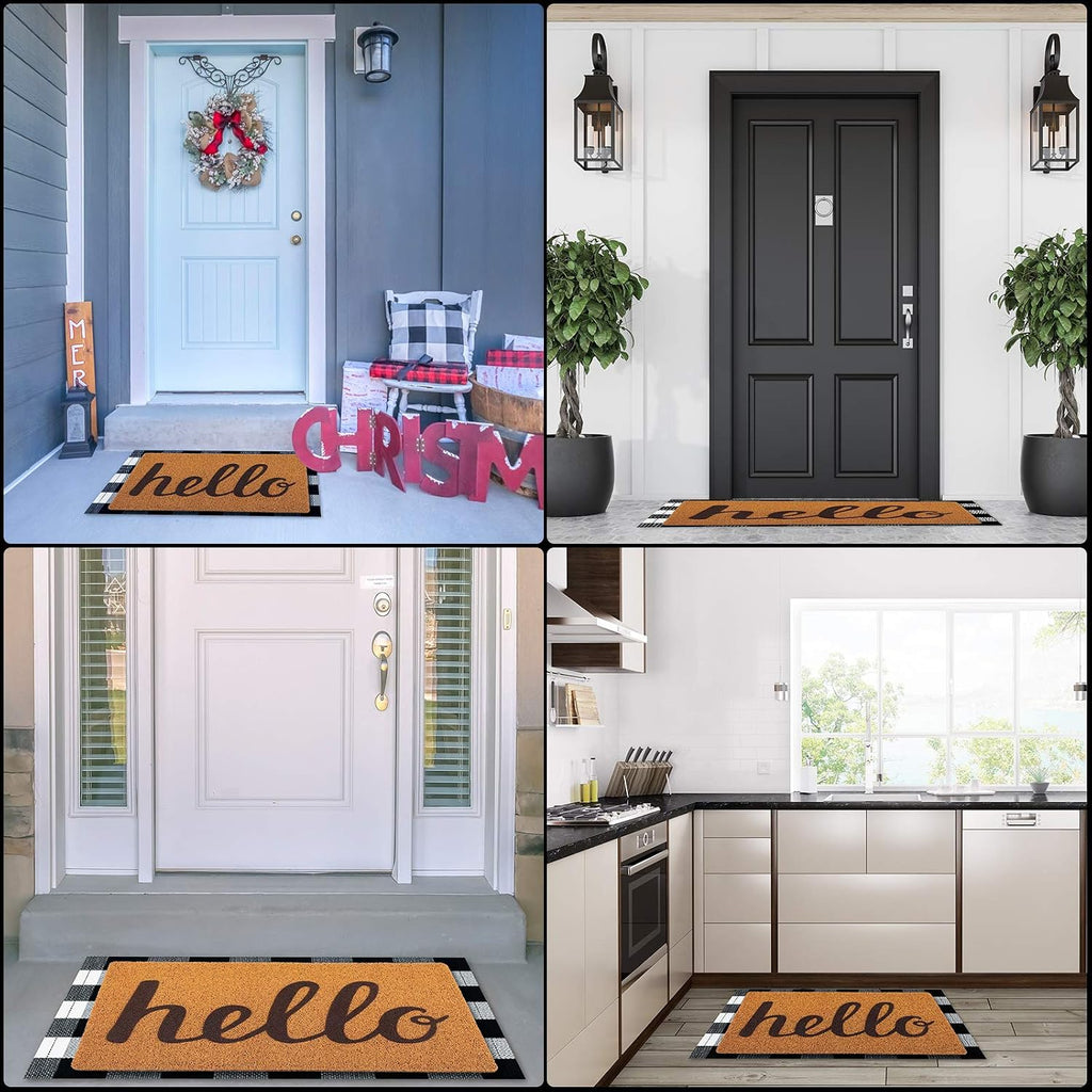 2 Pcs 24'' x 35.5'' Buffalo Plaid Checkered Rug with 18'' x 30'' Hello Doormat, Rubber Non Slip Front Door Mat