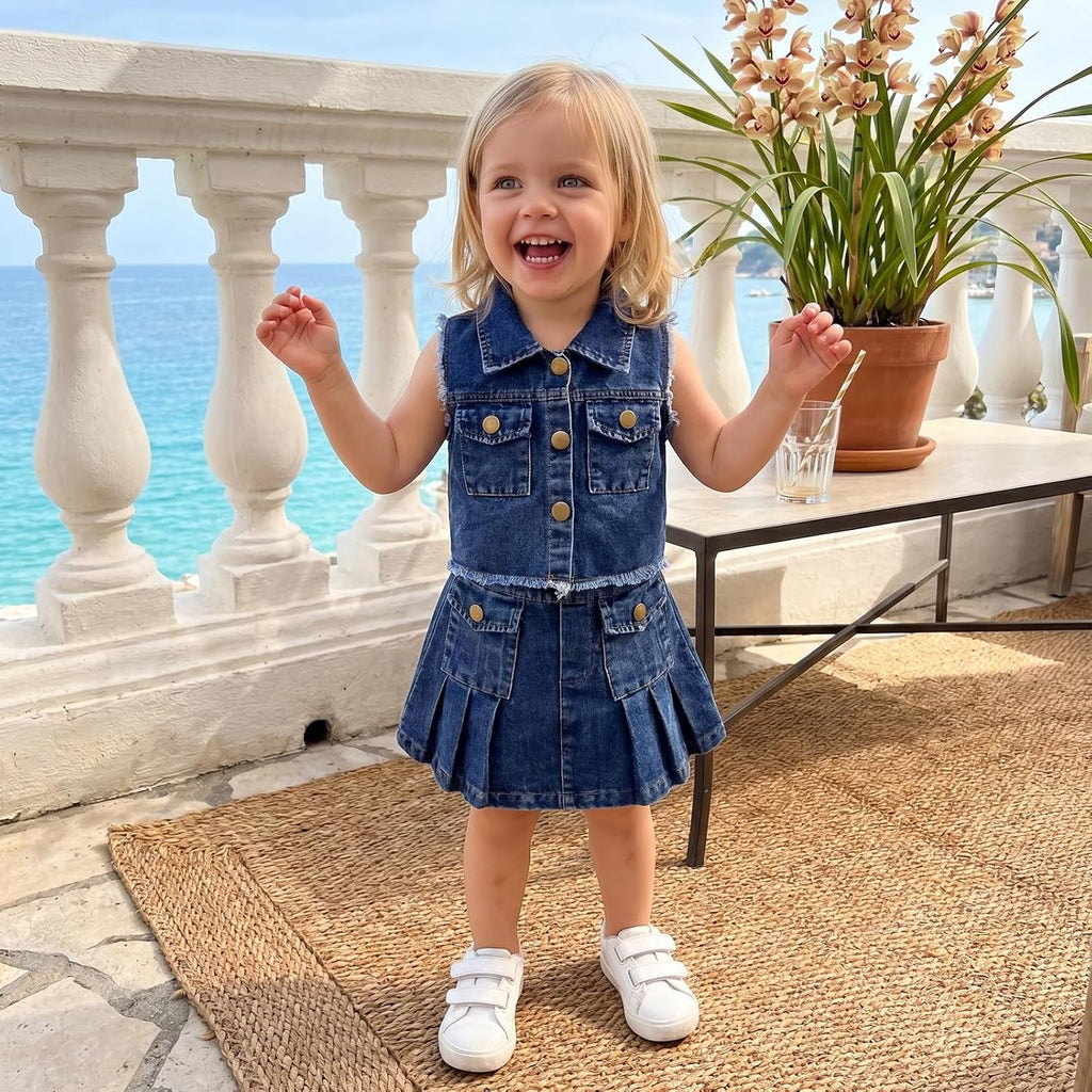 Toddler Baby Girl Denim Outfit for Kid 2Pcs Summer Fall Clothes Lapel Neck Button Up Vest Tops and Pleated Skirts Set