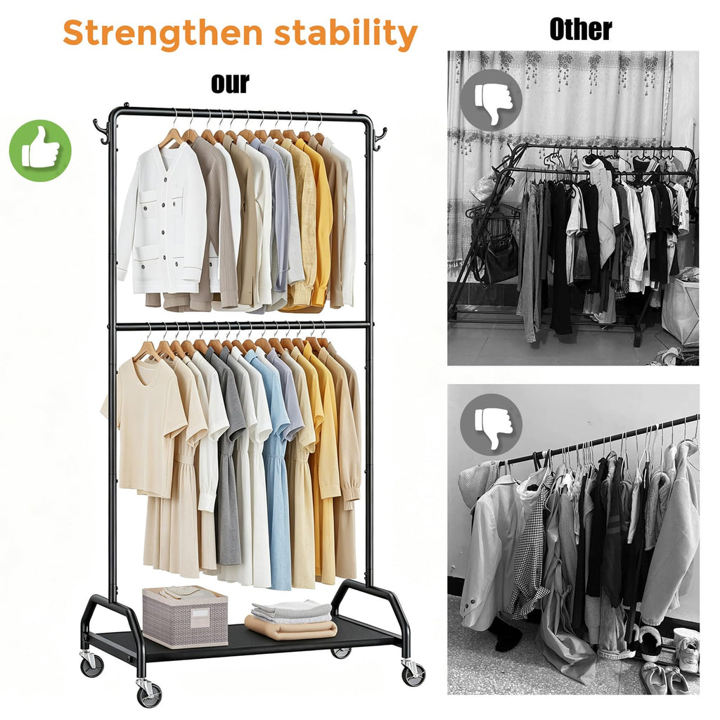 Clothes Rack Double Hanging Clothes Rack Clothing Rack Garment Rack 130LBS Capacity 34.5" W X15.8 D X 79" H Rolling
