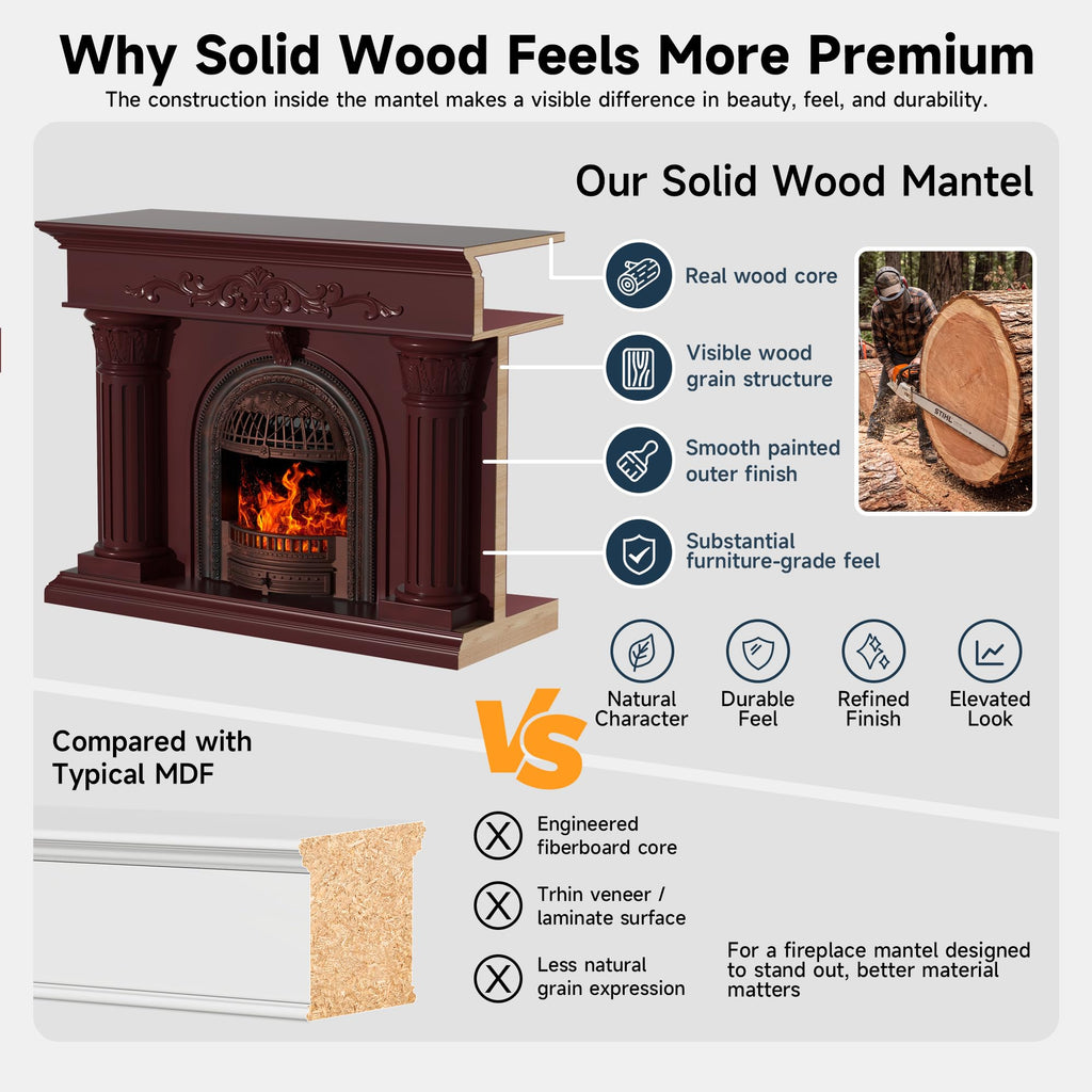 52" Electric Fireplace with Mantel Solid Wood Fireplace TV Stand, Cherry