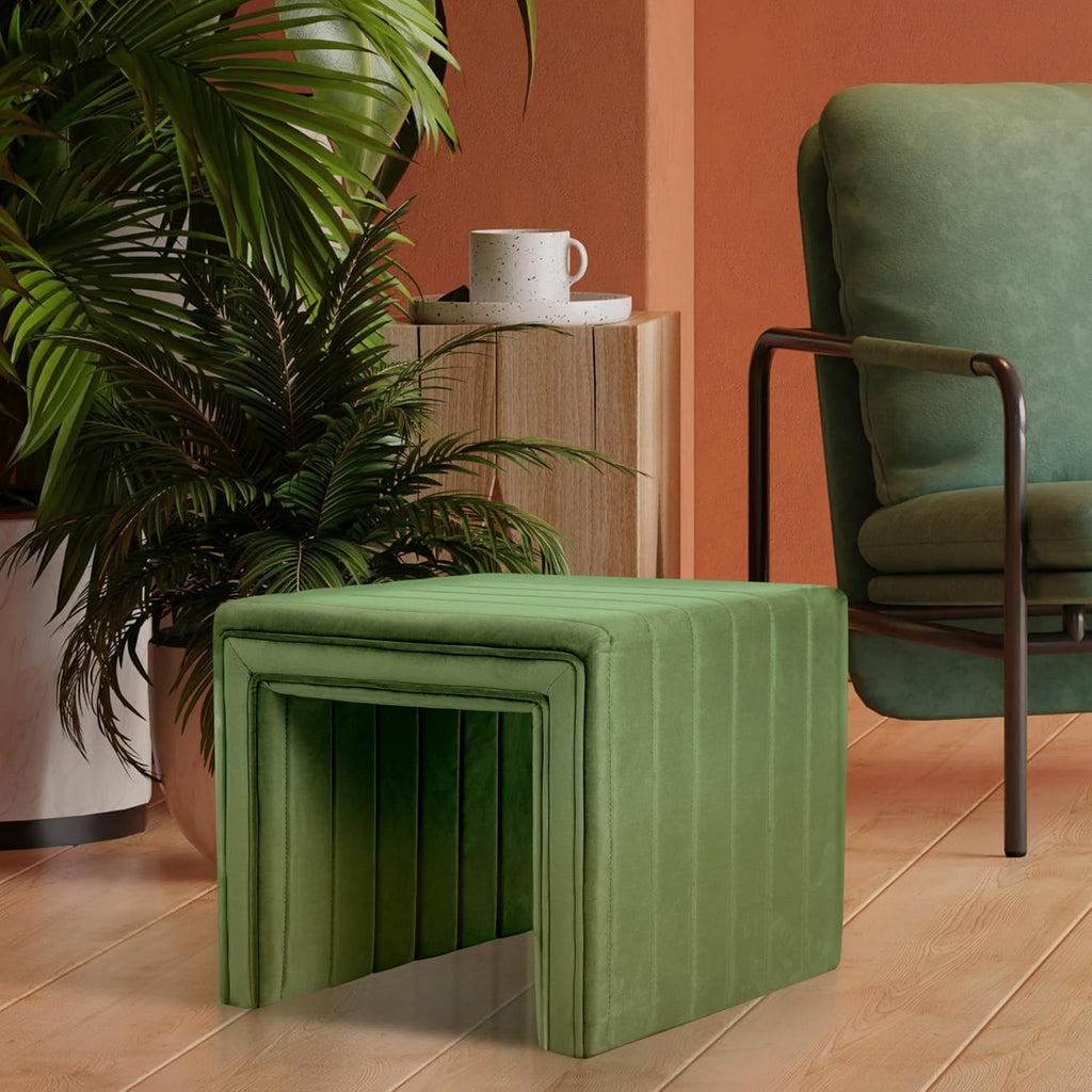 19" Modern Channel Tufted Velvet Ottoman - Green