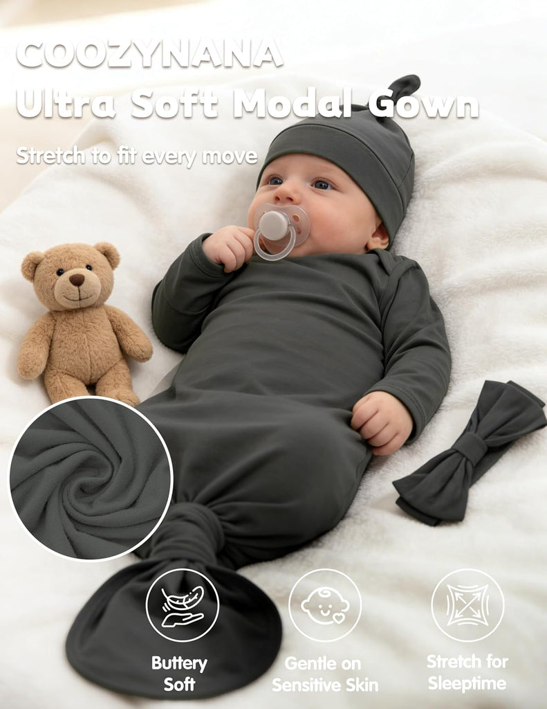 Knotted Gown 2Pack, Soft Breathable Baby Sleep Gown for Boys Girls, Infant Baby Coming Home Hospital Outfit