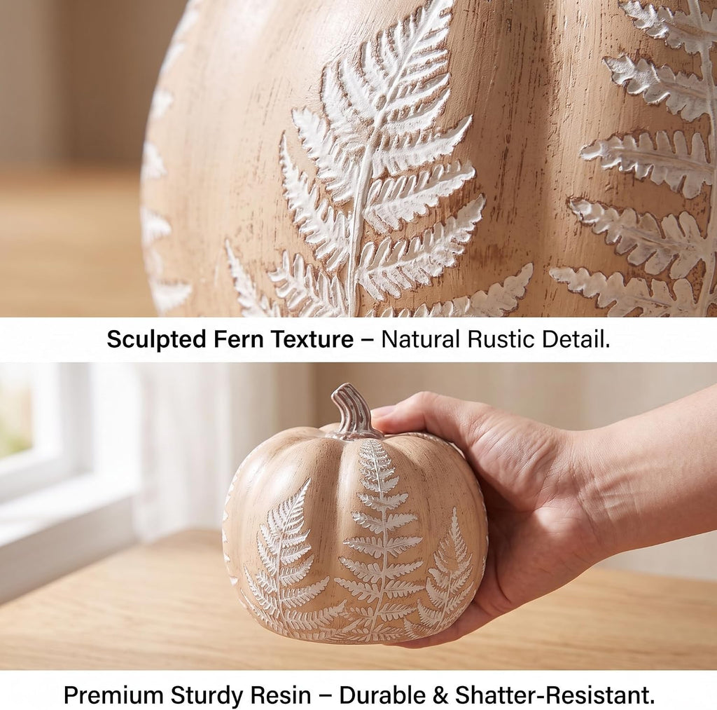 Fall Pumpkins for Decorating, Brown Resin Pumpkin Decor with Leaves Pattern - Set of 2