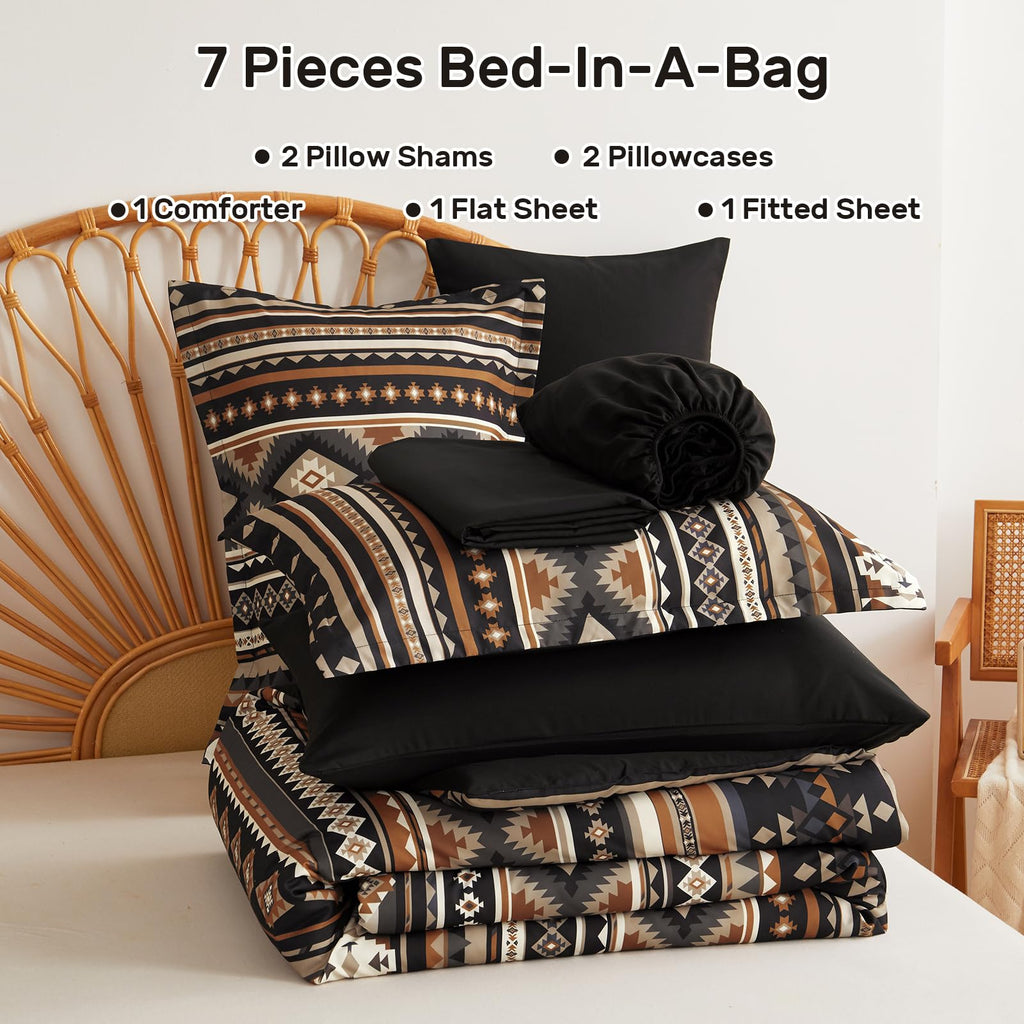 Queen Size Comforter Set Dark Coffee, 7 Pieces Boho Aztec Bed in a Bag Lightght Comforters Bedding Set with Sheets &