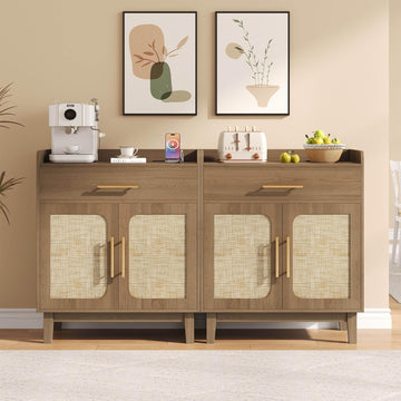 60" with Drawer Set of 2, Boho Boho Coffee Bar with Charging Station, Wood Accent Cabinet with Adjustable Shelf &