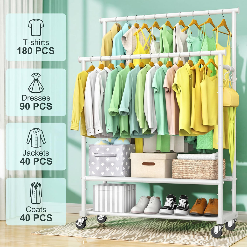 Double Rods Clothes Rack for Hanging Clothes, Heavy Duty Rolling Clothing Rack with Wheels, Freestanding Garment