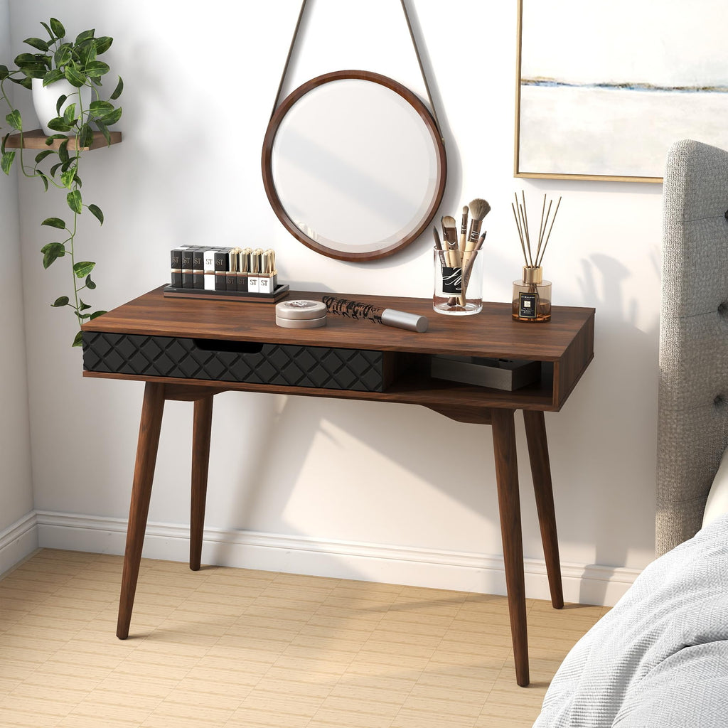 Mid Century Modern Desk, Home Office Standing Desk w/Drawer & Open Compartment, Small Computer Desk Work Study Table