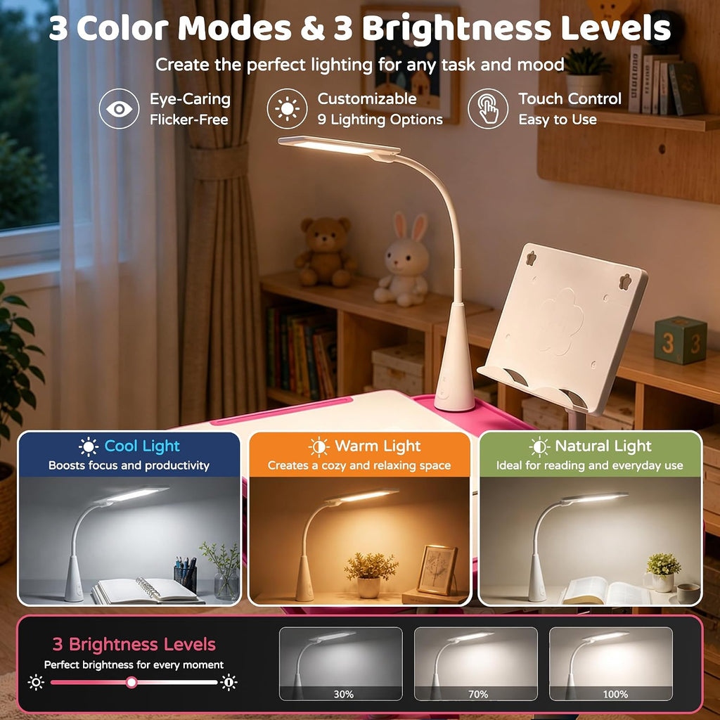 Kids Desk and Chair Set with LED Light, Height-Adjustable for Age 7+