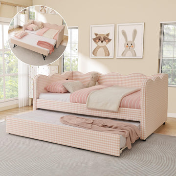 Twin Size Daybed with Pop Up Trundle, Linen Gingham Twin to King Daybed with USB Ports, Upholstered Day Bed Frame