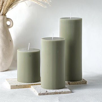Ribbed Pillar Candles, Width 3" High 4" 6" 8", Bean Green - Set of 3