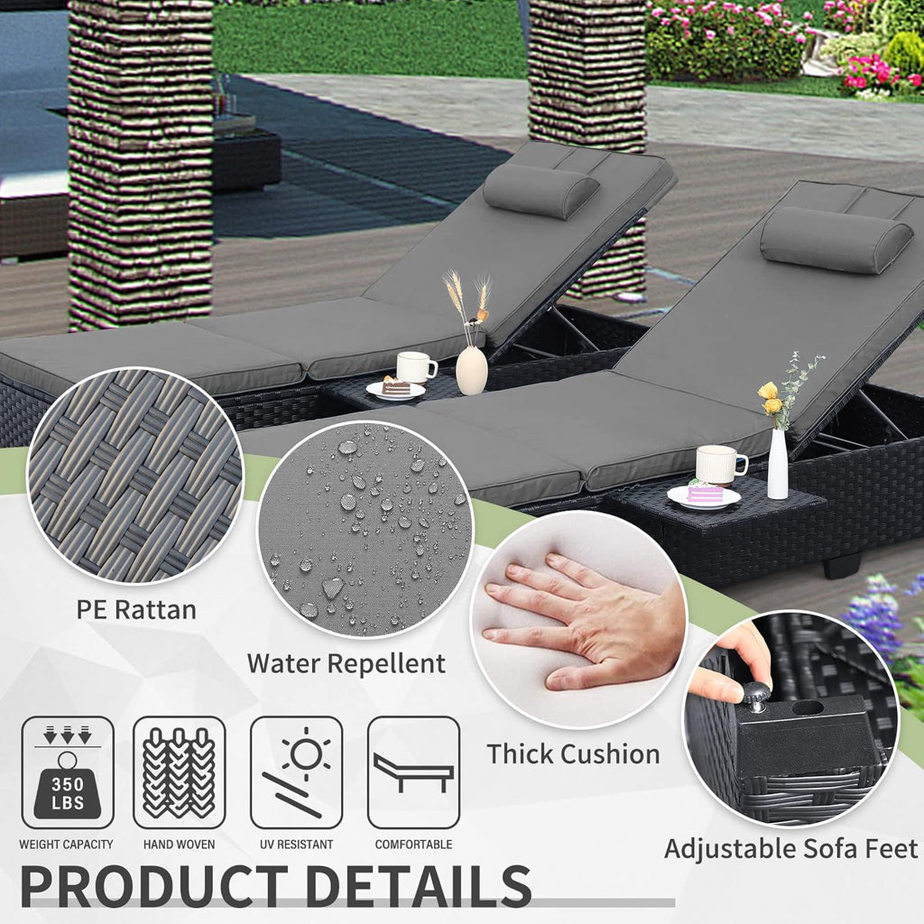 Outdoor Chaise Lounge Chairs for Outside Patio Furniture Set of 2 Wicker Recliner Black Rattan Sunbathing Lounger
