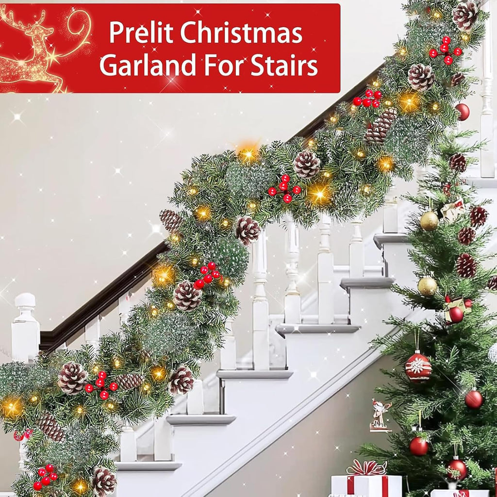 Timer - 9Ft by 10 Inch Prelit Christmas Garland with 50 Warm Lights