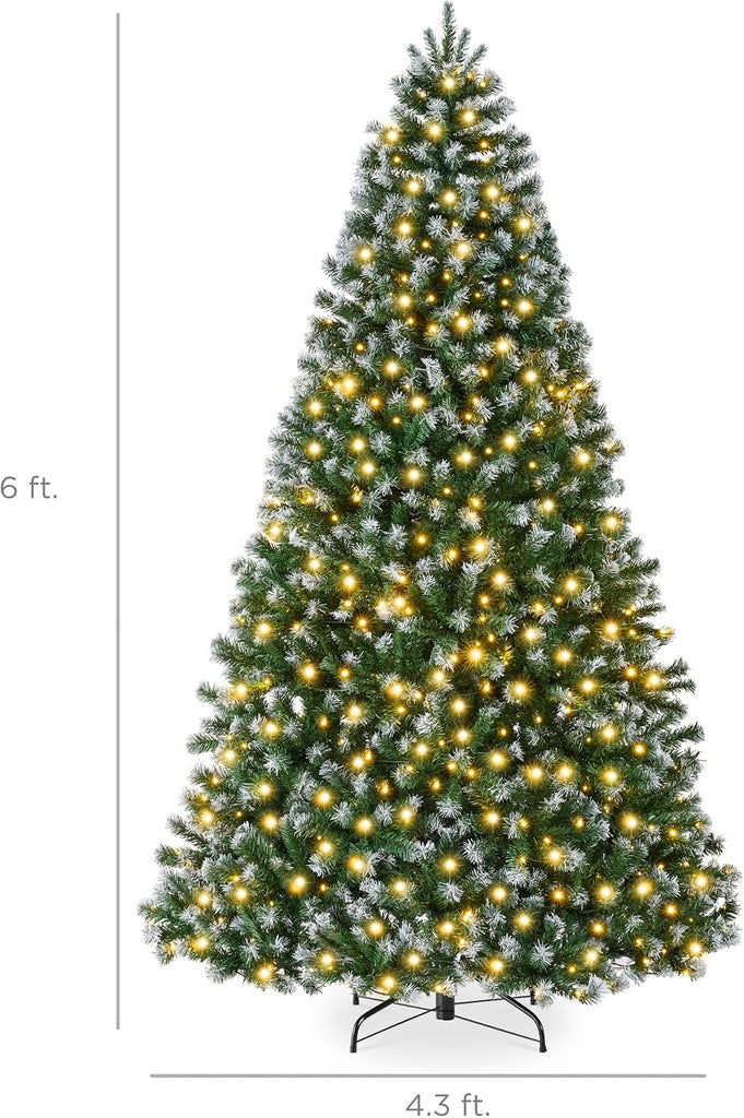 Artificial Frosted Christmas Tree, Premium Pre-Lit Realistic Spruce Holiday Décor w/Dense Branches, Metal Base