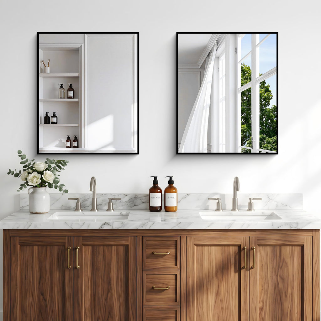 Bathroom Mirror, 20x24 inch Wall Mirror Wall Mounted Black Rectangle Square Corner Mirrors, Black Bathroom Mirror