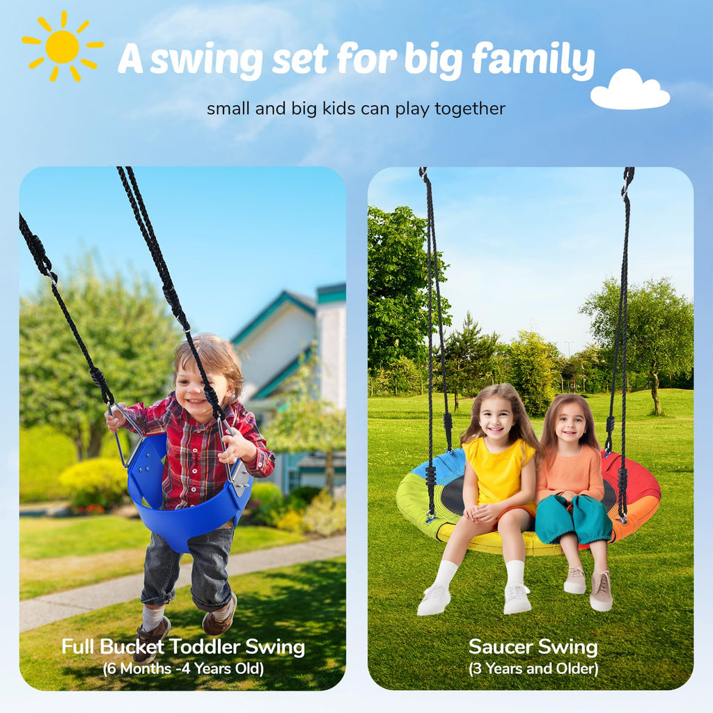Swing Sets for Backyard, 440lbs A-Frame with Saucer & Toddler Swing
