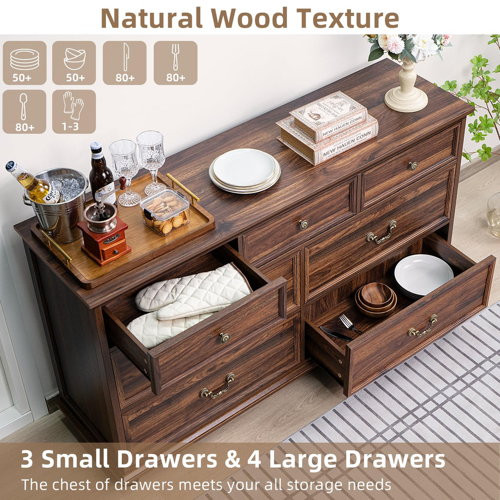 Farmhouse 54" 7 Drawers Dresser, Vintage Wood Chest of Drawers w/ 4 Wooden Legs, Wide Closet Storage Dressers
