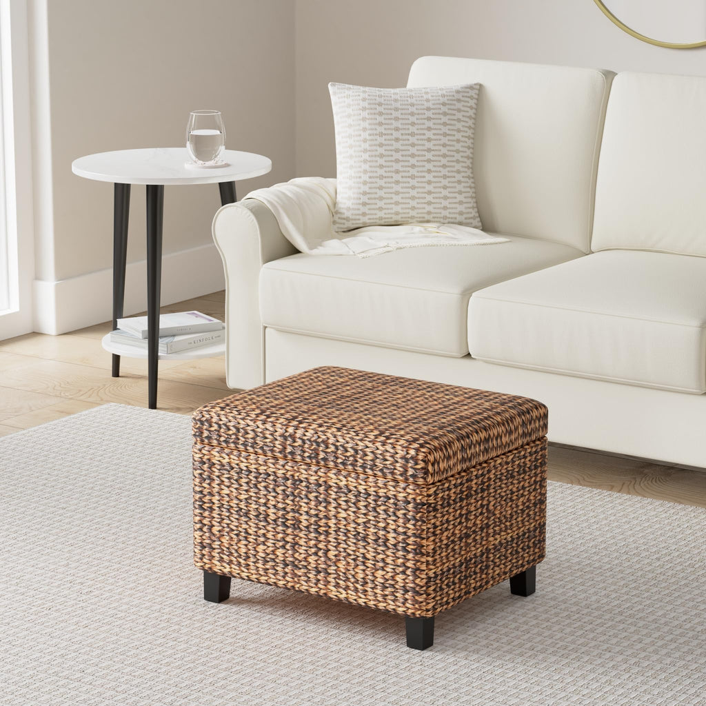 Woven Seagrass Storage Ottoman Cube with Lift Lid, Brown, 22"