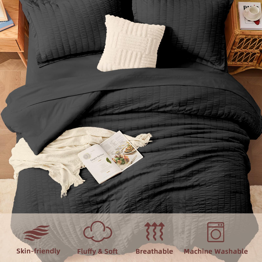 Black Comforter Sets with Sheets, 7 Pcs Seersucker Bed Set