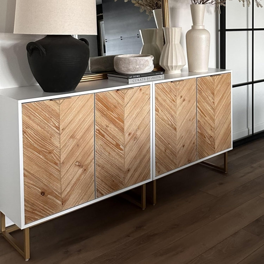 Enloe Modern Storage Free Standing Accent Cabinet White with Doors in a Rustic Pine Wood Finish and Gold