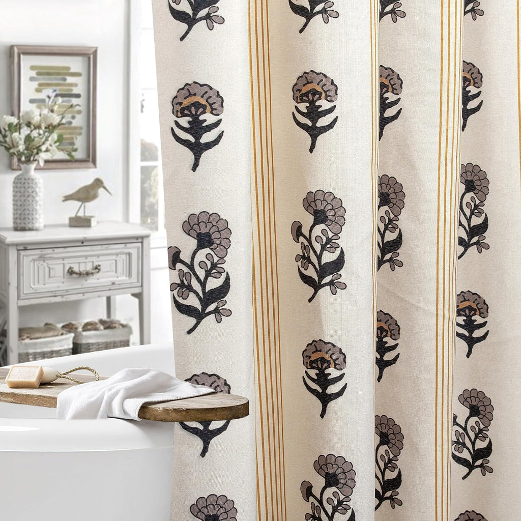 Brown Floral Linen Shower Curtain - Vintage Block Print Striped Shower Curtain Set,Rustic Farmhouse Frenchy Bathroom