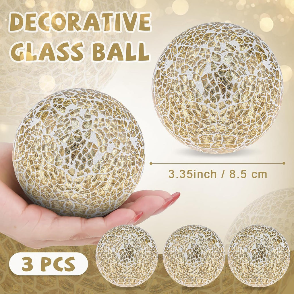 Gold Decorative Balls for Bowls 3.35inch Mosaic Glass Sphere - Set of 3