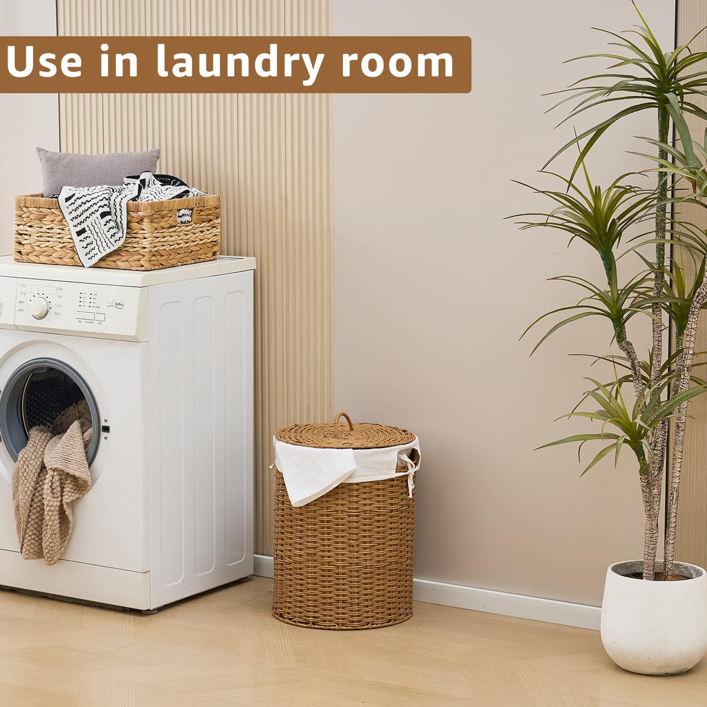 Round Wicker Laundry Hamper with Lid Handwoven Rattan Basket with Handles for Dirty Clothes, 2 Washable Liner Bags