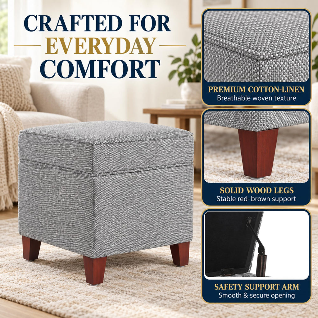 17 Inch Square Linen Storage Ottoman, Small Upholstered Footrest Stool with Hinged Lid and Wood Legs, Modern Accent