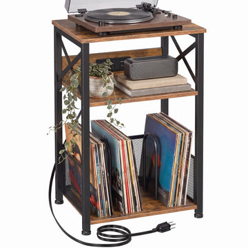 Record Player Stand with Charging Station, Vinyl Record Storage