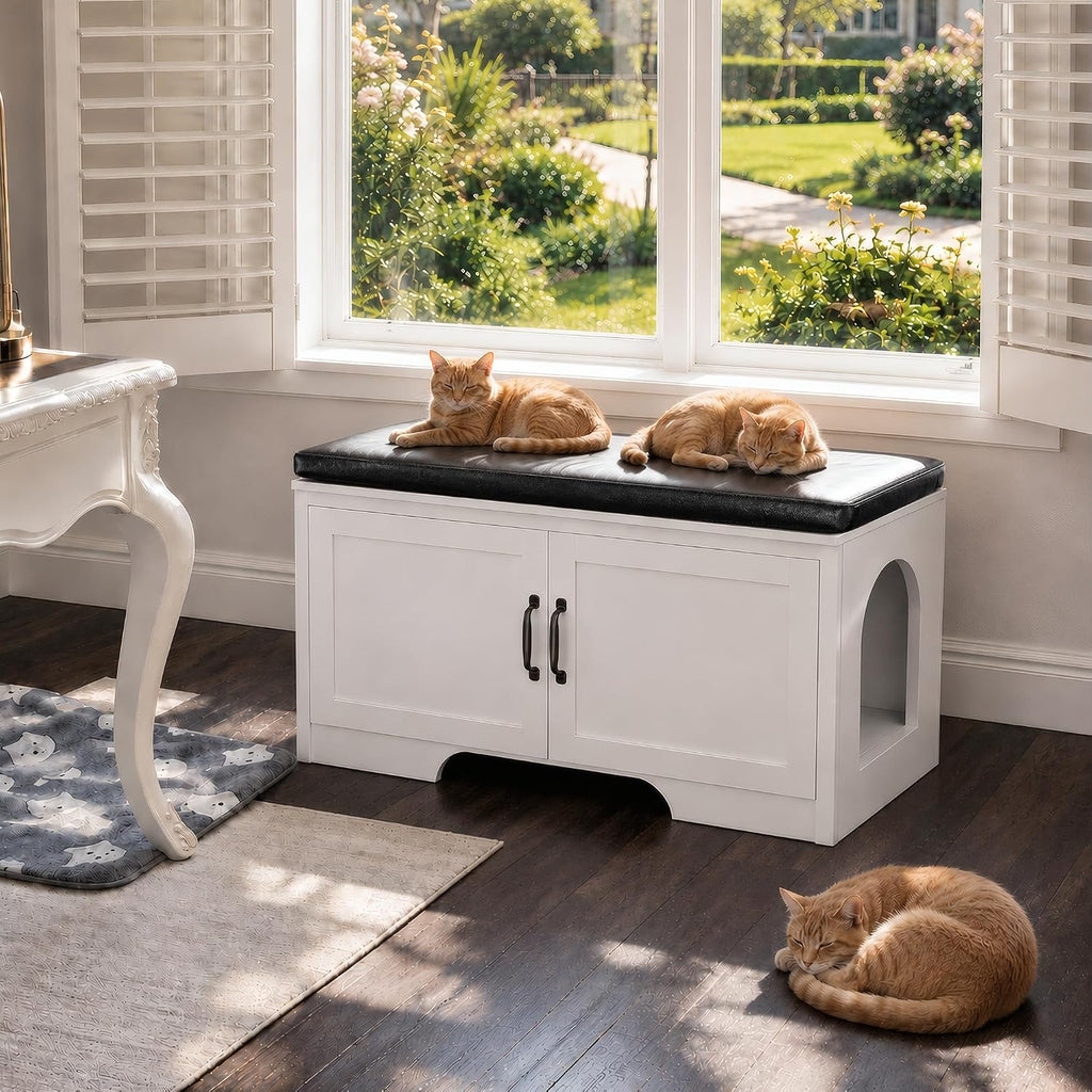 Cat Litter Box Enclosure with Padded Seat Cushion, Large Hidden Litter Box Furniture Bench for Odor Control, Dog