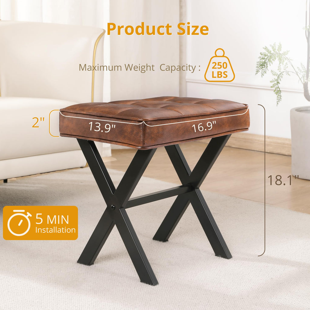 Vanity Stool, Square Faux Leather Makeup Stool with Metal X Legs, Small Ottoman Stool Chair for Vanity, Modern Padded