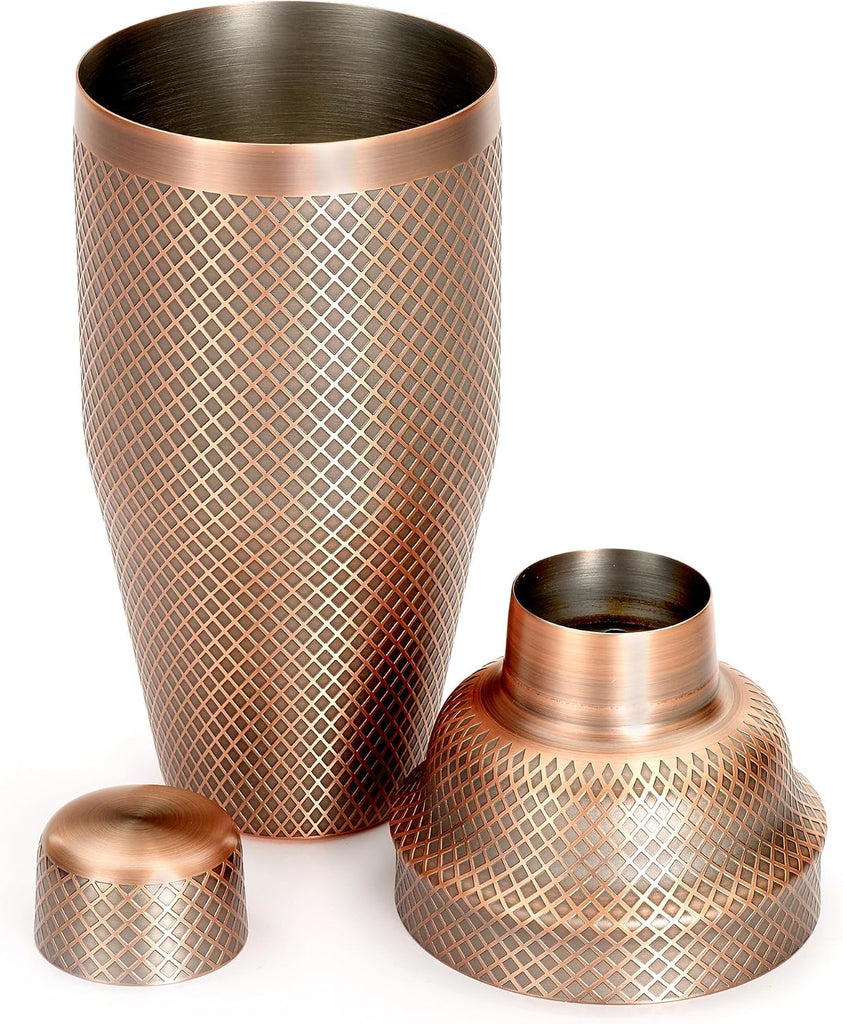 3-Piece Diamond Lattice Etch Japanese Cocktail Shaker Set (24 Oz/700ml), Antique Copper