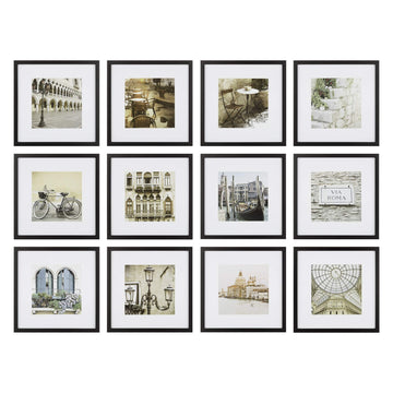 Perfect 12-Piece Black Photo Frame Set with Hanging Template - 12x12 Picture Frame Matted to 8x8 - Gallery Wall Kit