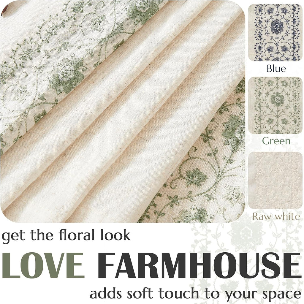 Small Window Curtains 45 Inch Length Linen Cafe Curtains for Kitchen Bathroom Bordered Floral Embroidered Short