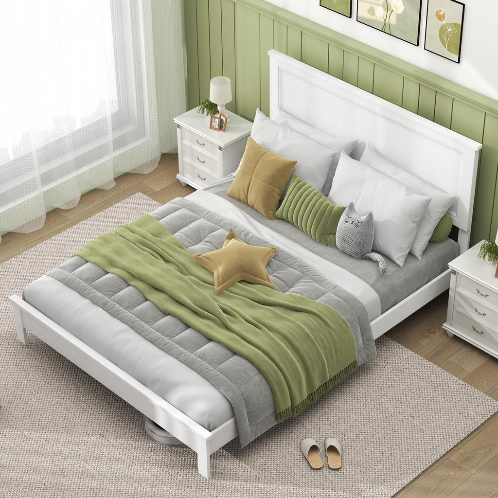 Wood Queen Platform Bed Frame with Headboard, Mid Century Bed Frame with Solid Wood Legs & Wooden Slat Support, No