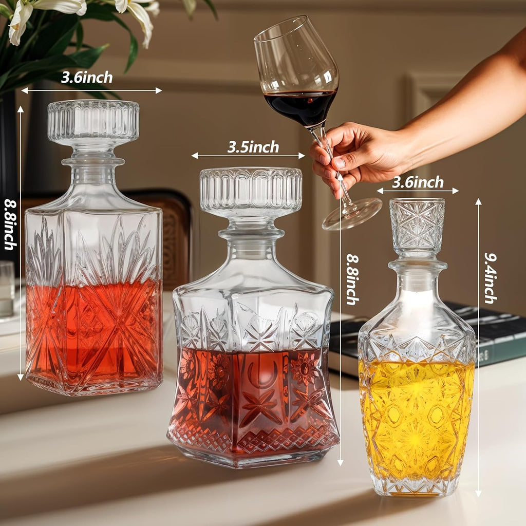 Glass Alcohol Bottle Liquor Decanters Whiskey Decanter for Tequila, Brandy and Vodka Unique Liquor Bar - Set of 3