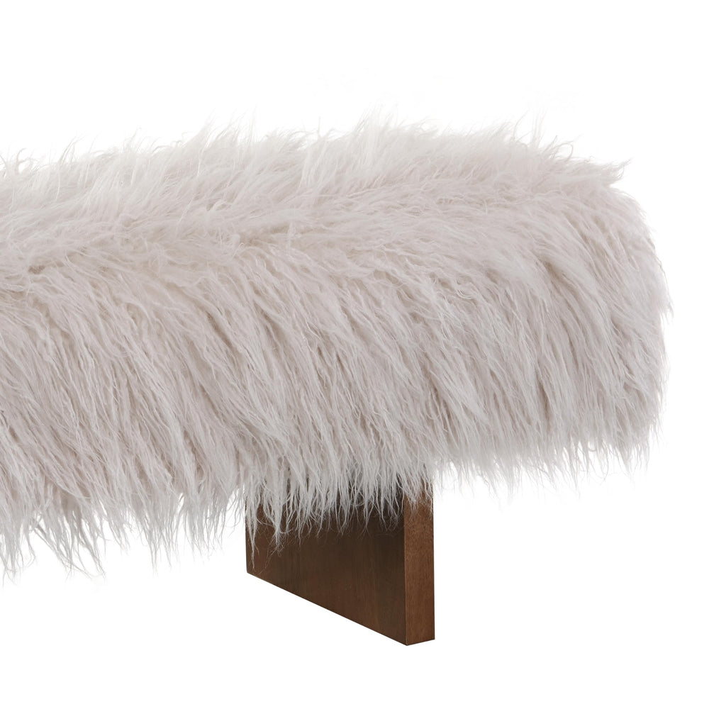 Lenka 67" Long-haired Faux Wool Bedroom Bench, Rubberwood Ottoman Bench, Spacious Seating, Long Footstool, Luxury