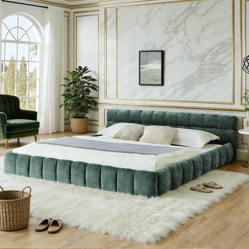 Upholstered Platform Bed Frame with Headboard, Modern Low Profile Grounded Bed Frame, Chunky Fluted Chenille
