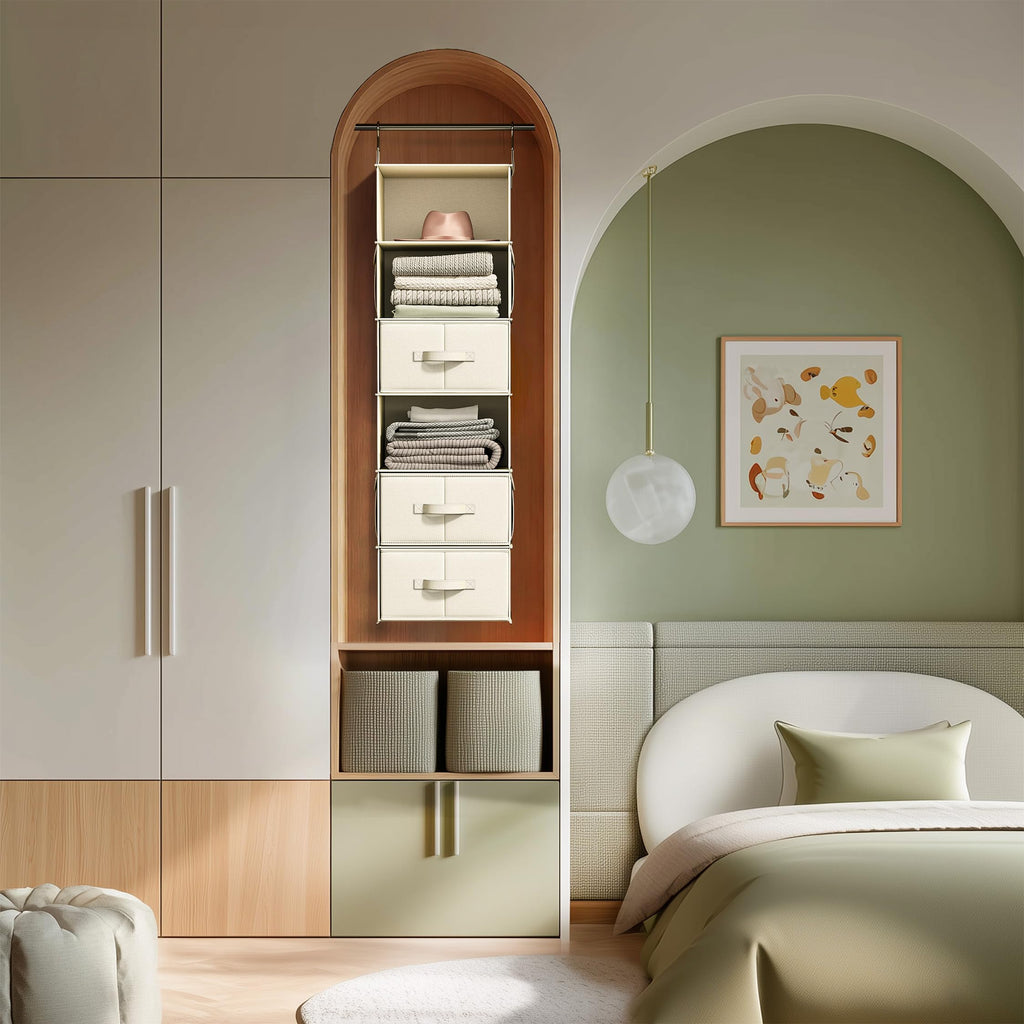 6-Shelf Hanging Closet Organizer with 3 Fabric Drawers, Beige