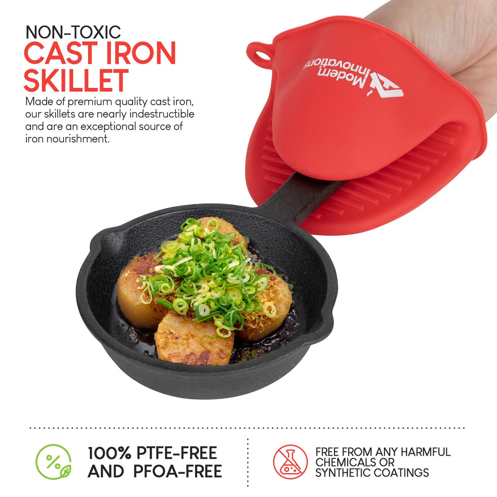 Mini Black Cast Iron Skillet Set with Silicone Mitt (4 Count) - 3.5 Inch Pans, Pre Seasoned Small Skillets for Baked