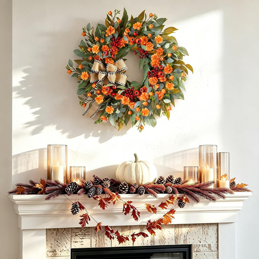 24 Inch Harvest Fall Wreaths for Front Door Outside with Bow & Red Berries