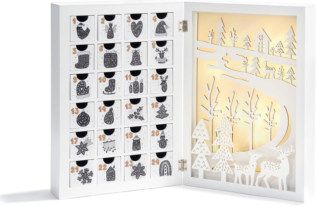 Wooden Advent Calendar with Drawers & Lights, 12 Inch White