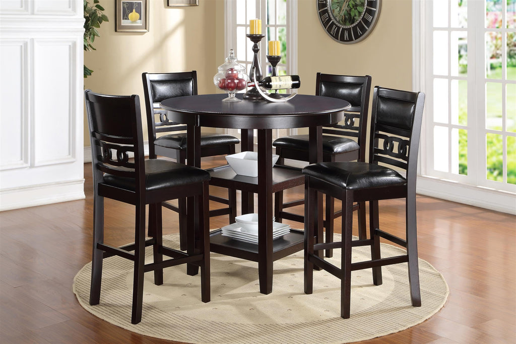 Gia 5-Piece Round Counter Height Set with 1 Dining Table and 4 Chairs, 42", Ebony