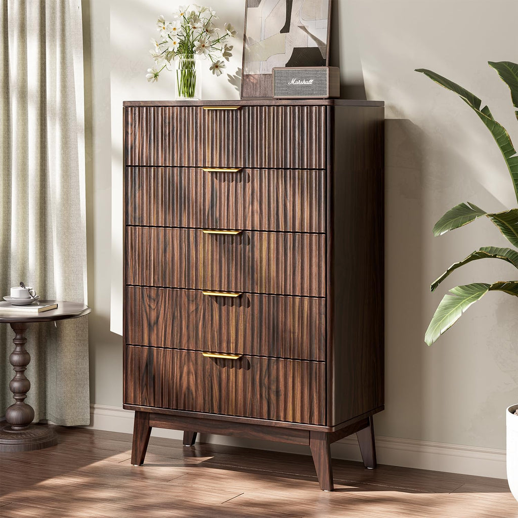 5-Drawer Dresser Fluted Drawers, Mid-Century, Walnut | 31"W x 15.4"D x 48"H, 130 lbs top / 40 lbs per drawer (7.7"H)