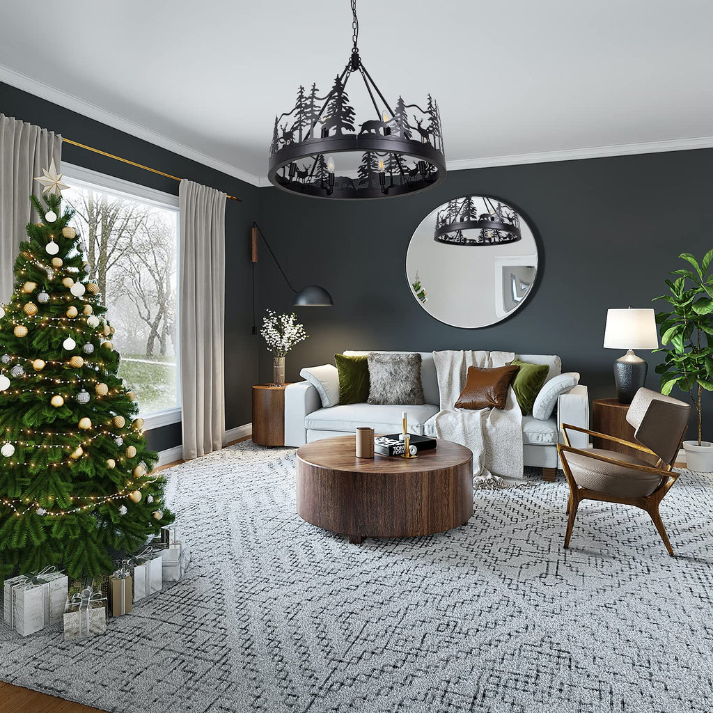 Rustic Forest Wagon Wheel Chandelier - 8-Light Black Iron with Pine Tree, Bear & Deer Silhouettes, W30" x H24"