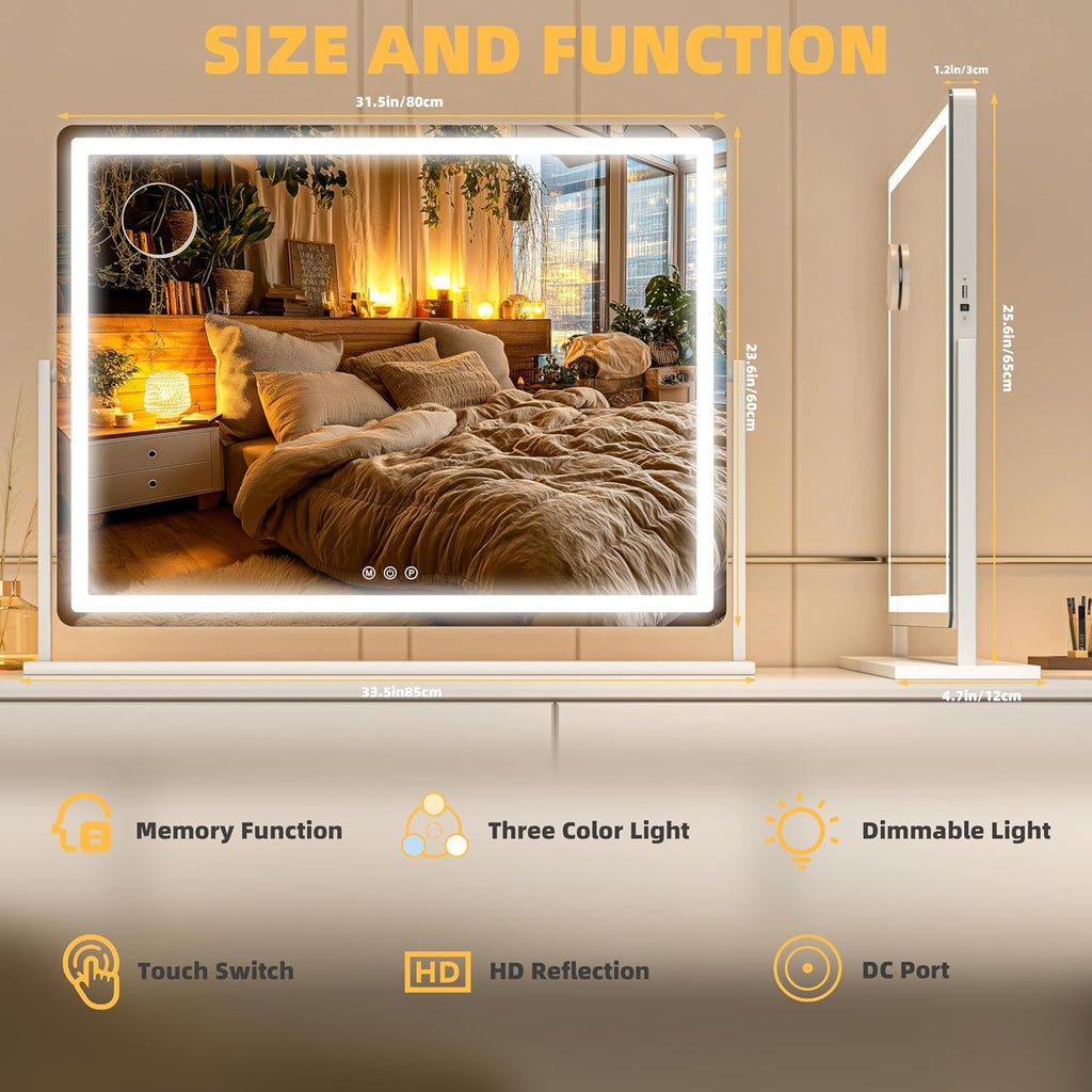 Large Vanity Mirror with Lights 34'' x 25.6'' - Touch Screen Hollywood Makeup Mirror, 3 Color Modes + Dimmable LED