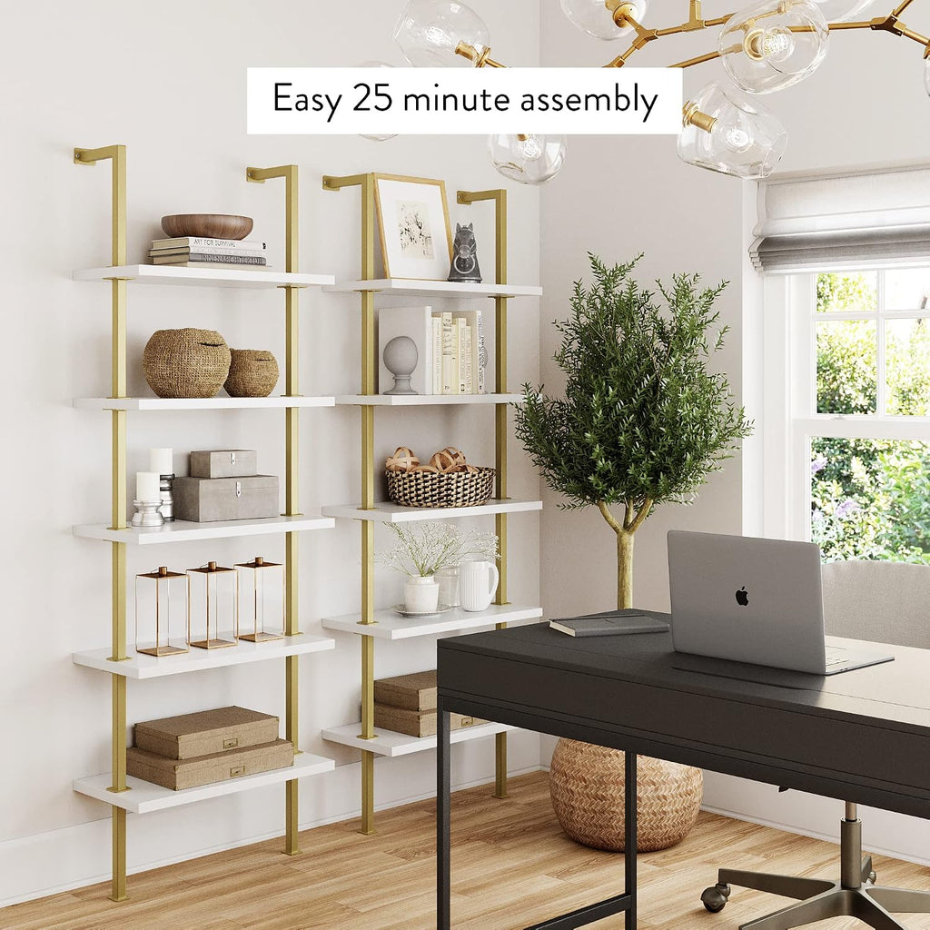 Theo 5-Shelf Gold, Ladder Bookcase with Gold/Brass Metal Frame, White, Set of 2