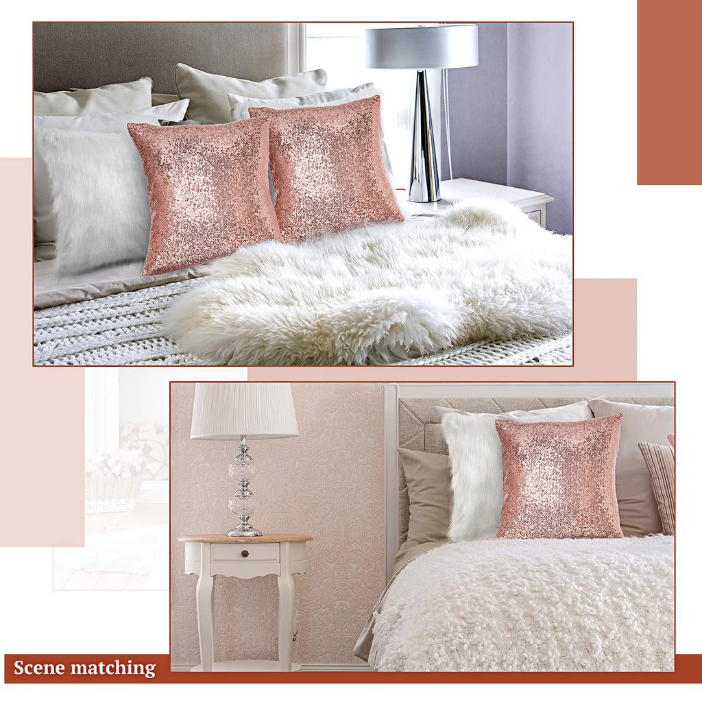 4 Pcs Sequin Fluffy Pillow, Rose Gold, White, 18 x 18 Inch