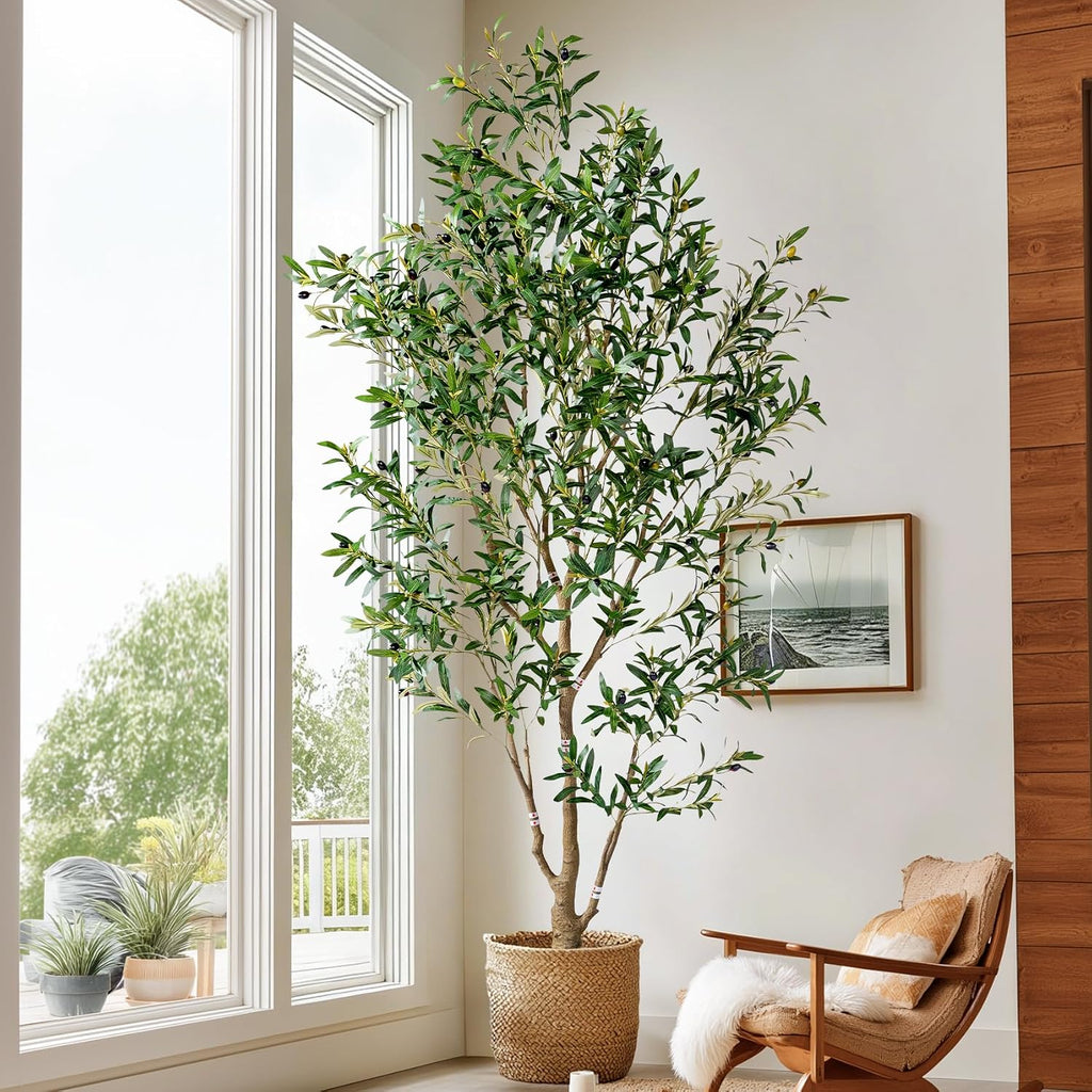 7ft Faux Olive Tree with White Pot & Moss, Artificial Olive Tree Indoor Outdoor, PE/PVC Leaves, Realistic Resin Trunk