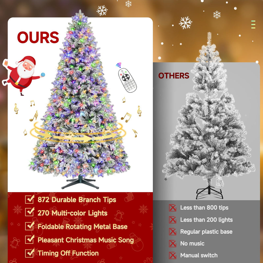 6.5ft Snow Flocked Pre-Lit Rotating Christmas Tree, Remote Control